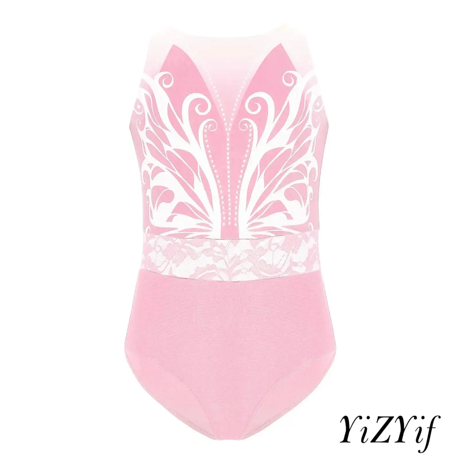 

Kids Girls Gymnastics Leotard Round Neck Sleeveless Sparkling Rhinestones Lace Waist Printed Bodysuit Dance Classes Dancewear