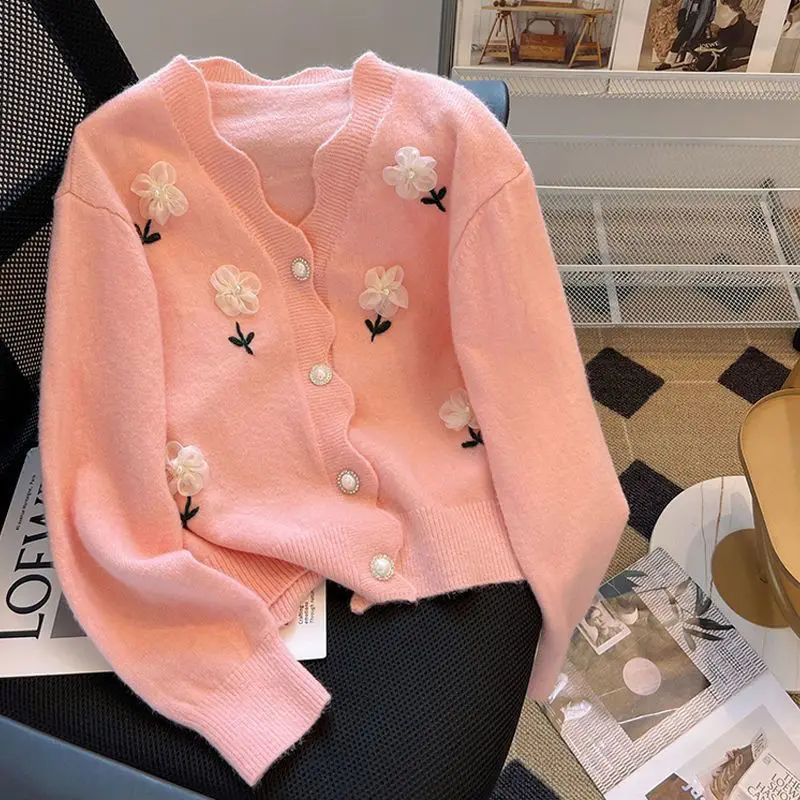 Autumn Winter New Fashion Floral V-neck Long Sleeve Sweater Coat Women Clothing Sweet Buttons Knitting Cardigan Female Top Tee