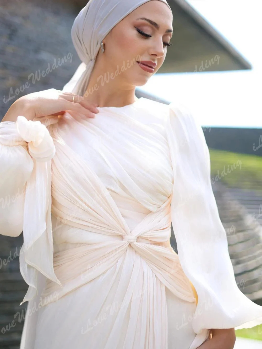 فستان حفلة موسيقية بأكمام واسعة وثنيات من الكريب 2025 بطول الكاحل مستقيم من فيستدوس دي فييستا بياقة إسلامية فساتين سهرة مخصصة