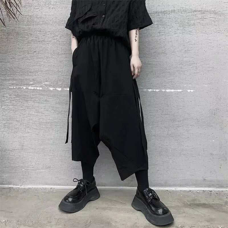 

Мужские и осенние новые весенние брюки с большим карманом и эластичным поясом на талии, модные трендовые темные свободные брюки с промежностью