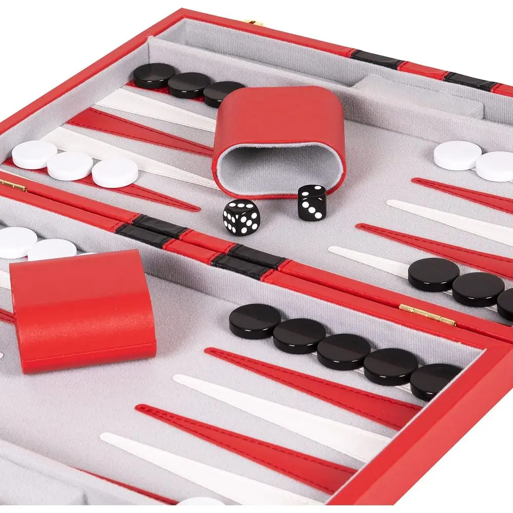 18 Deluxe Red Leatherette Backgammon Set for Family & Travel with Accessories