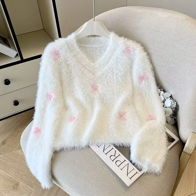 سترة محبوكة مخملية بيضاء ort V-Ne للتخسيس طبقة أساسية للنساء وصل حديثًا لخريف 2025 ألياف بوليستر 00%