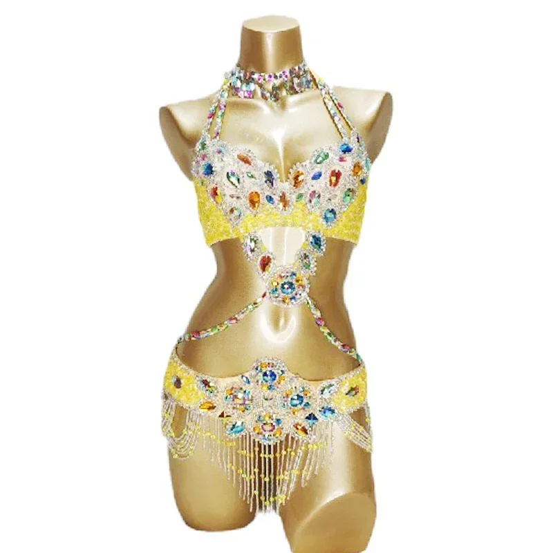 Traje de danza del vientre con cuentas de cristal para mujer, conjunto de 3 piezas, sujetador, cinturón y collar, ropa Sexy para danza del vientre