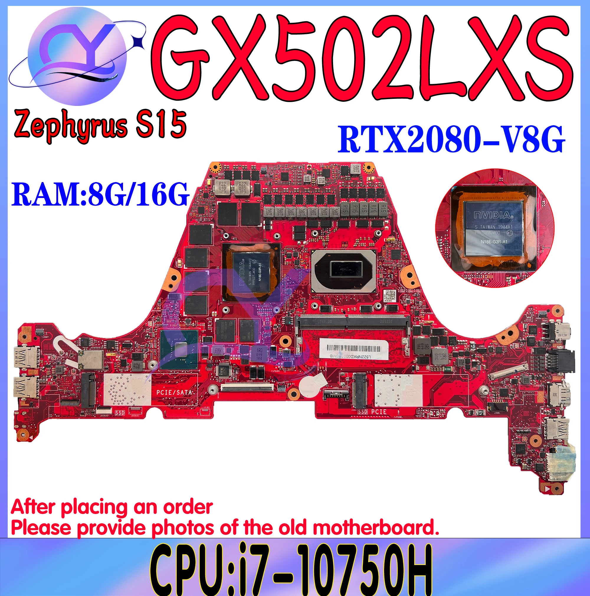 Carte Mère GX502LXS Pour ASUS Zephywarmer S15 GU502L GU502LV GU502LW GU502LU Carte Mère i7-10th 8G-RAM GTX1660Ti RTX2060/2070/2080