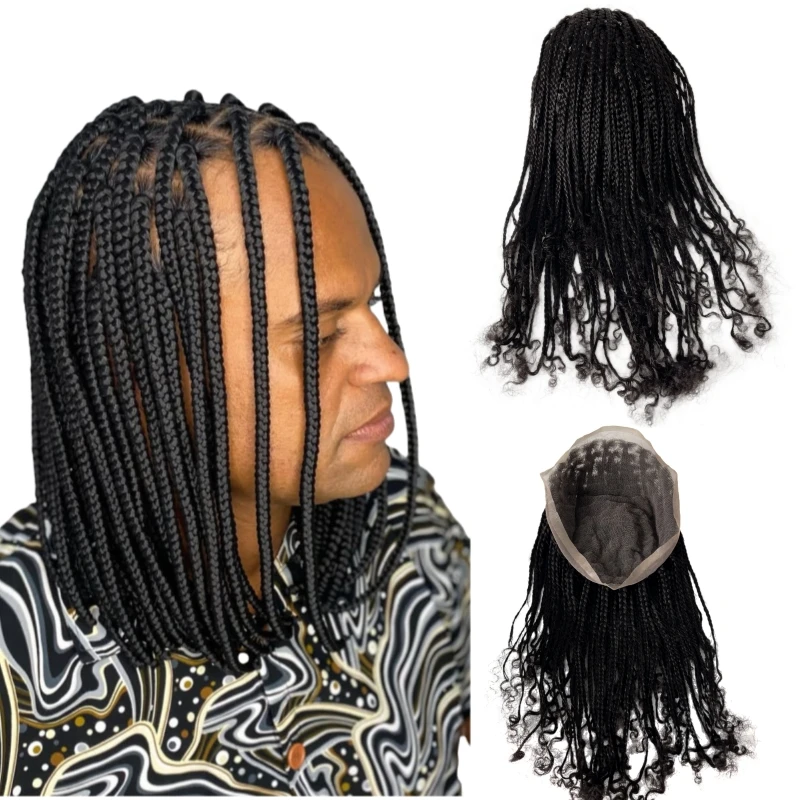 

14-дюймовые бразильские девственные человеческие волосы # 1b Черный длинный парик с косами 8x10, полные кружевные блоки для чернокожих мужчин