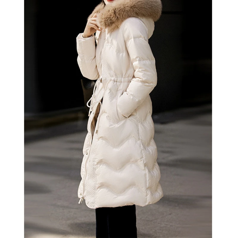 Hooded Down Coat for Women, Waist-Collar, Detachable Fox Fur Collar, Mid-length, Loose, Premium, Winter, New, 2024