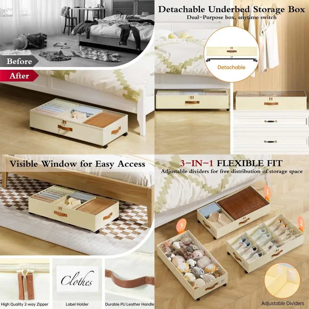 

4-Pack Rolling Underbed Storage Boxes with Adjustable Dividers and Clear View Windows for Clothes, Shoes, and Blankets, Beige