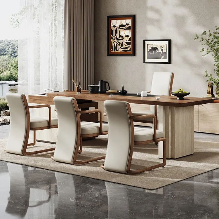 Large apartment walnut color tea table and chair combination household solid wood large board tea table