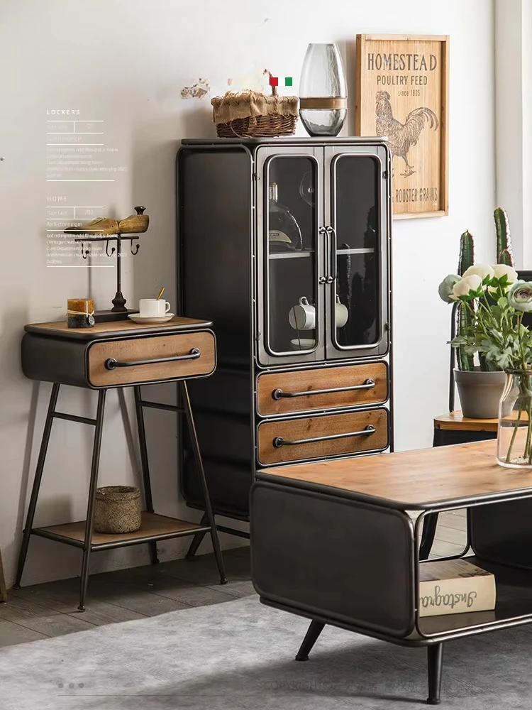 Industrial Vintage Metal Side Table, Rustic Living Room Corner Cabinet with Storage Shelf, Retro Coffee End Table Small Table