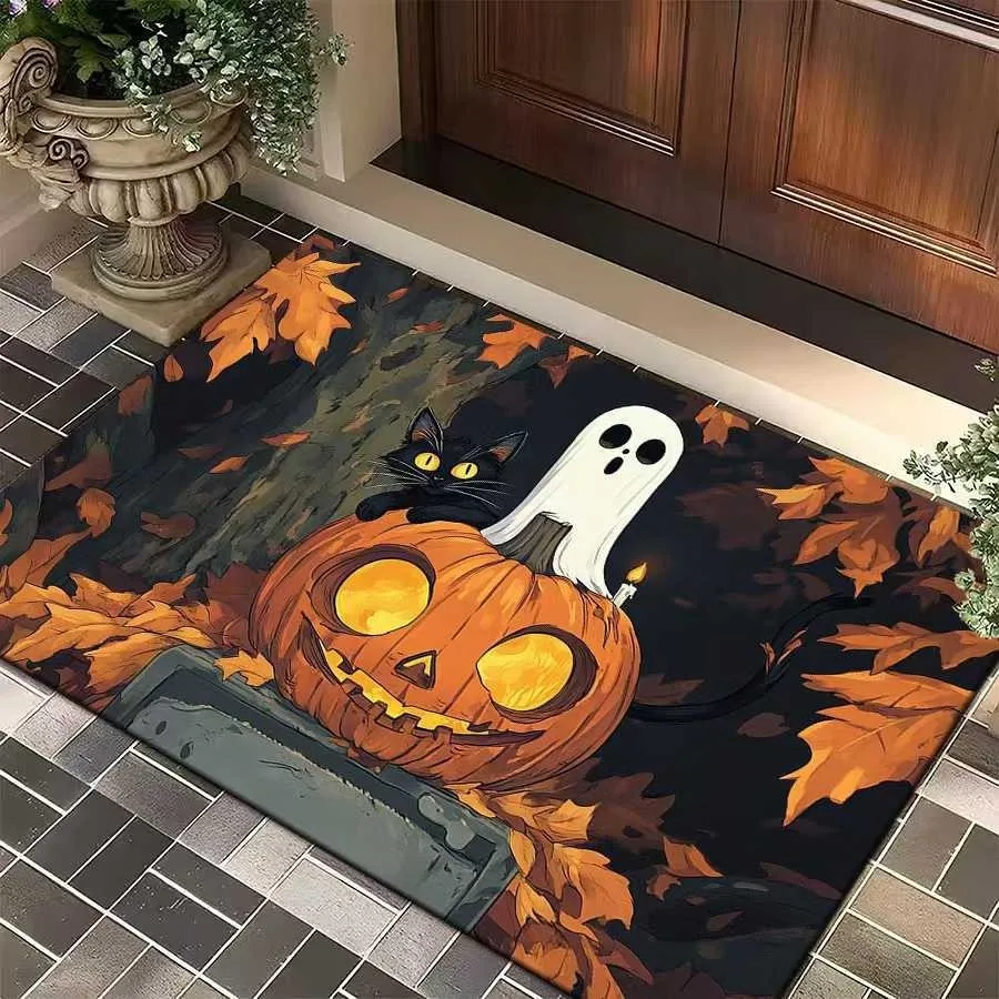 Fußmatte mit Halloween-Motiv und niedlichem Geist, schwarze Katze, Kürbismuster, rutschfest, waschbar, Eingangsteppich für Heimdekoration im Innenbereich