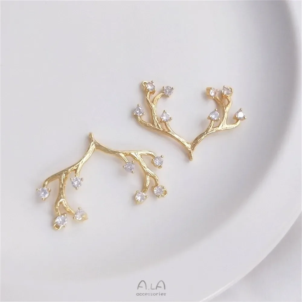 

14K Copper Clad True Gold Branch Set Zirconium Deer Horn Pendant Double Hanging Ring Handmade DIY Necklace Charms Accessories