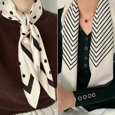 New Fashion Stripe Square Silk Scarf Female Shirt Match Thin Scarves Beach Stoles Echarpe Satin Headband Shawl Wraps Bandana