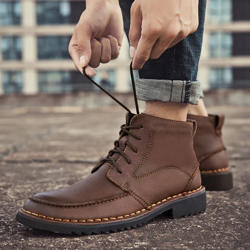 

Fashion Men's Genuine Leather Motorcycle Boots Mid-calf Cowboy Shoes Winter Warm Lace-up Loafers Western Chelsae BootsB057