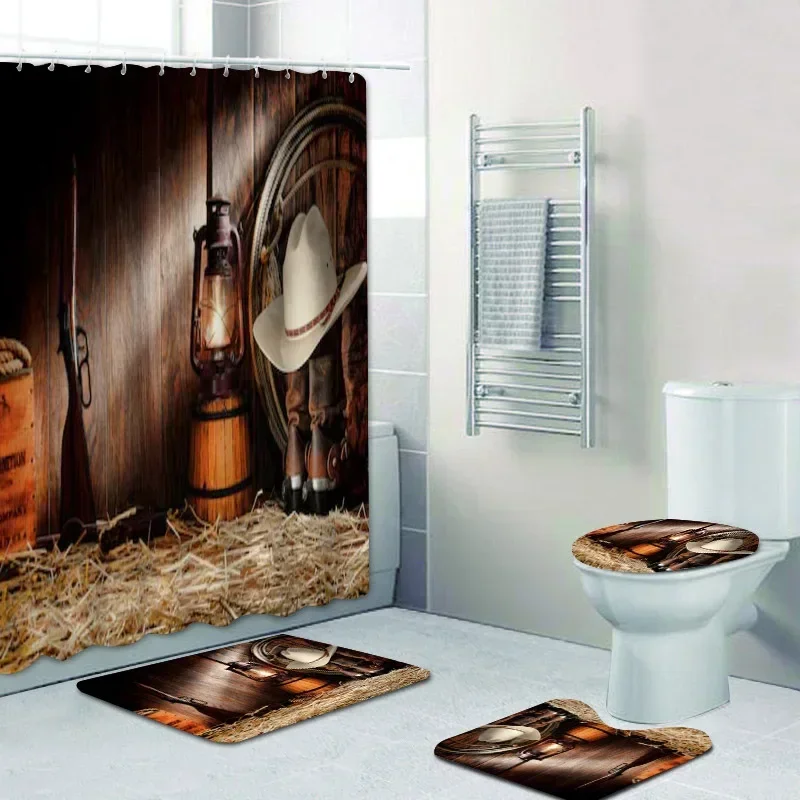 Rustic Western Cowboy Shower Curtain Set American Country Music Bathroom   Bath Mat Rug Carpet Bathtub Accessories