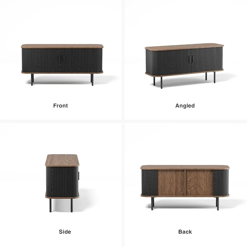 حامل تلفزيون أسود كبير بعرض 47 بوصة مع مساحة تخزين ووحدة تحكم وسائط وباب منزلق وتصميم خزانة مخدد لغرفة المعيشة الحديثة