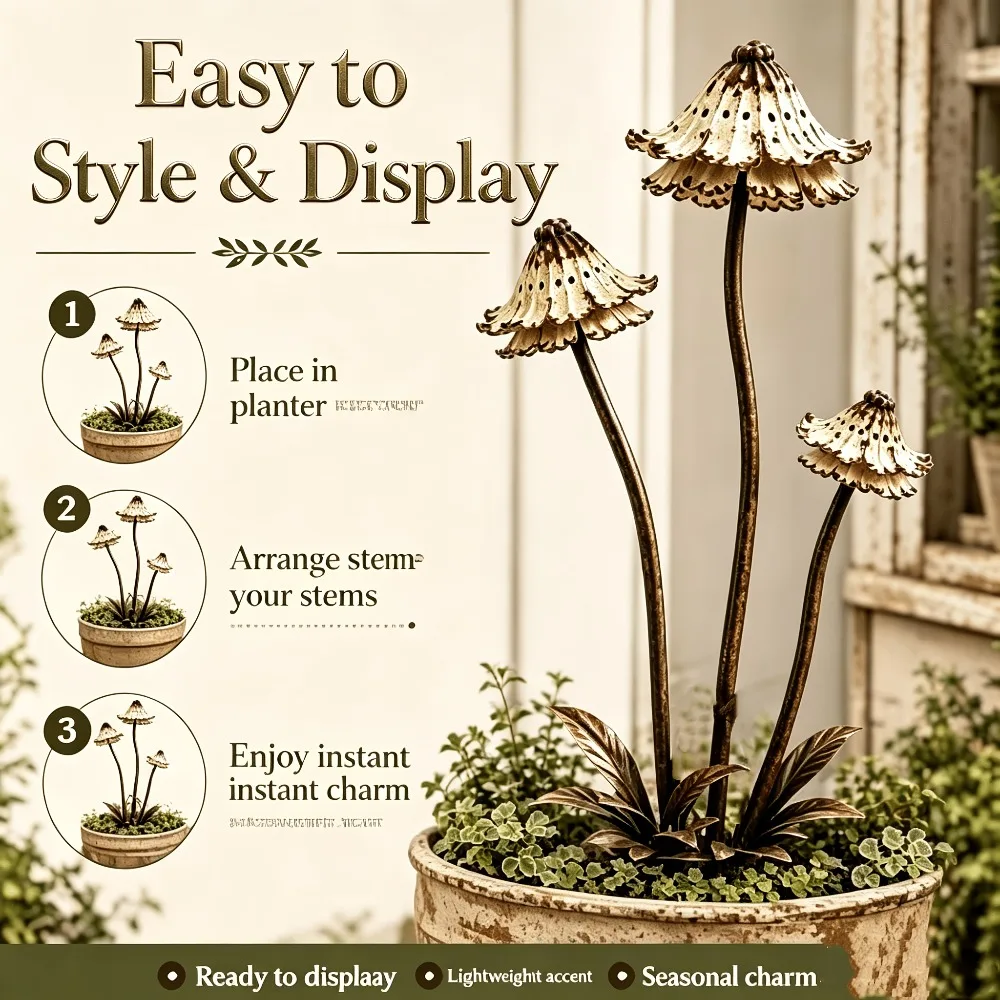 2pcs Retro Metal Rusty Mushroom Garden Decoration Set Outdoor Rusty Mushroom Plaque Garden Statues Sculptures Bonsai Accessories