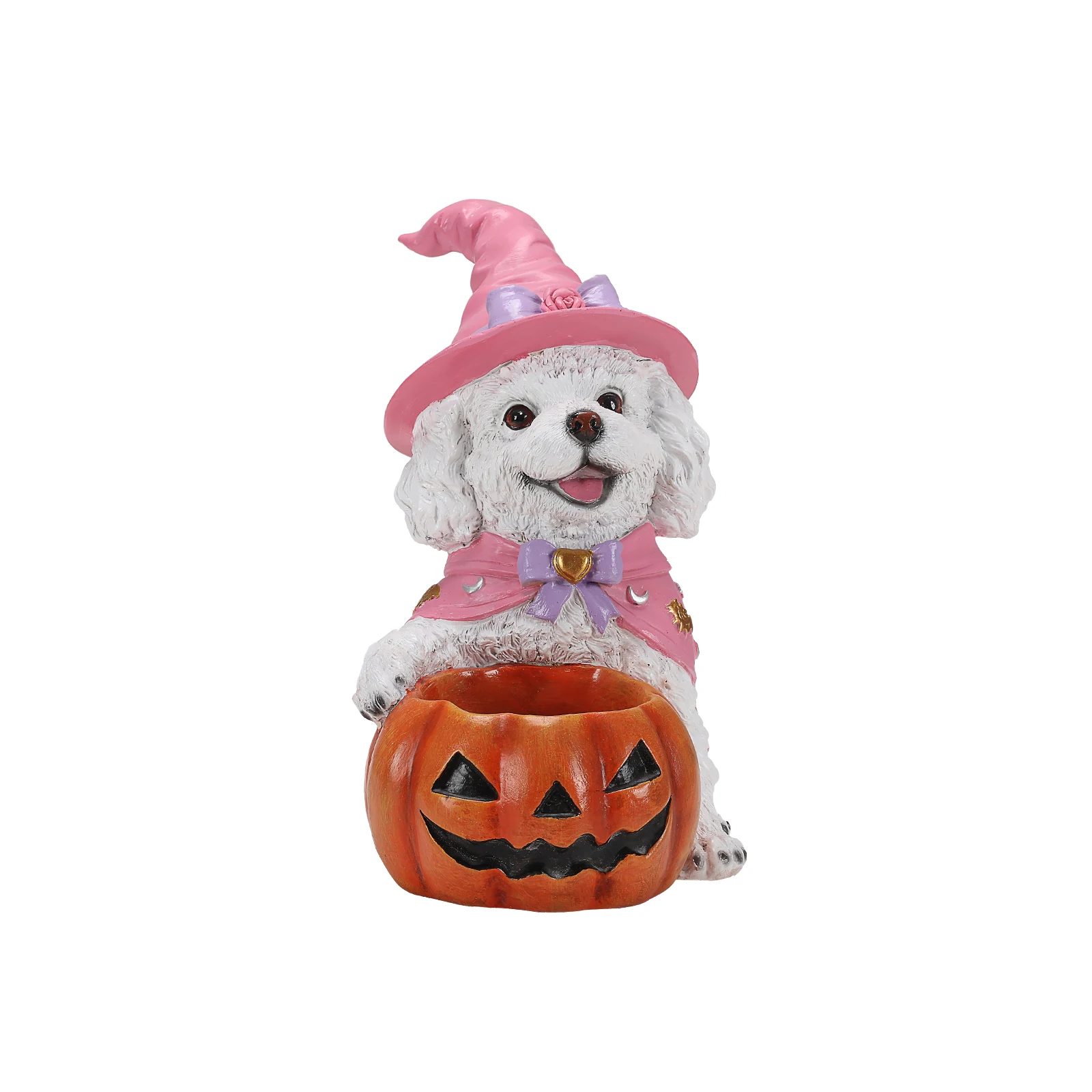 Halloween White Teddy Puppy Figurine, Witch Dog Holding Pumpkin Candy Bowl Decoration, Adorable Halloween Puppy Design with Pink Witch Hat and Cape, Functional Pumpkin Candy Bowl, Detailed Resin Craftsmanship, Tabletop Halloween Decor, 12.6 Inches Tall