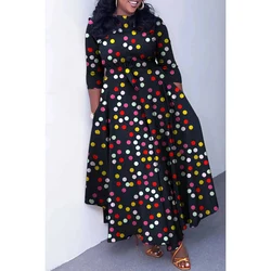 Plus Size Semi Formal Maxi Dresses Casual Multicolor Polka Dot Fall Winter Crew Neck 3/4 Sleeve Knitted Maxi Dresses With Pocket