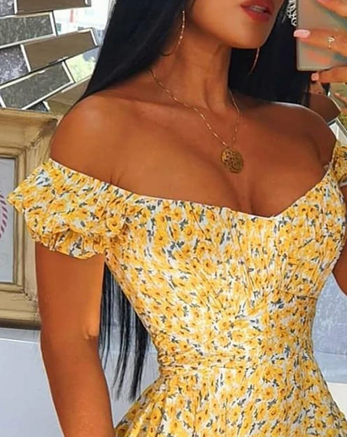 Sexy Elegant Dresses Women 2024 Summer Casual Floral Print Off The Shoulder Short Sleeve Ruffle Hem Daily Vacation A Line Dress