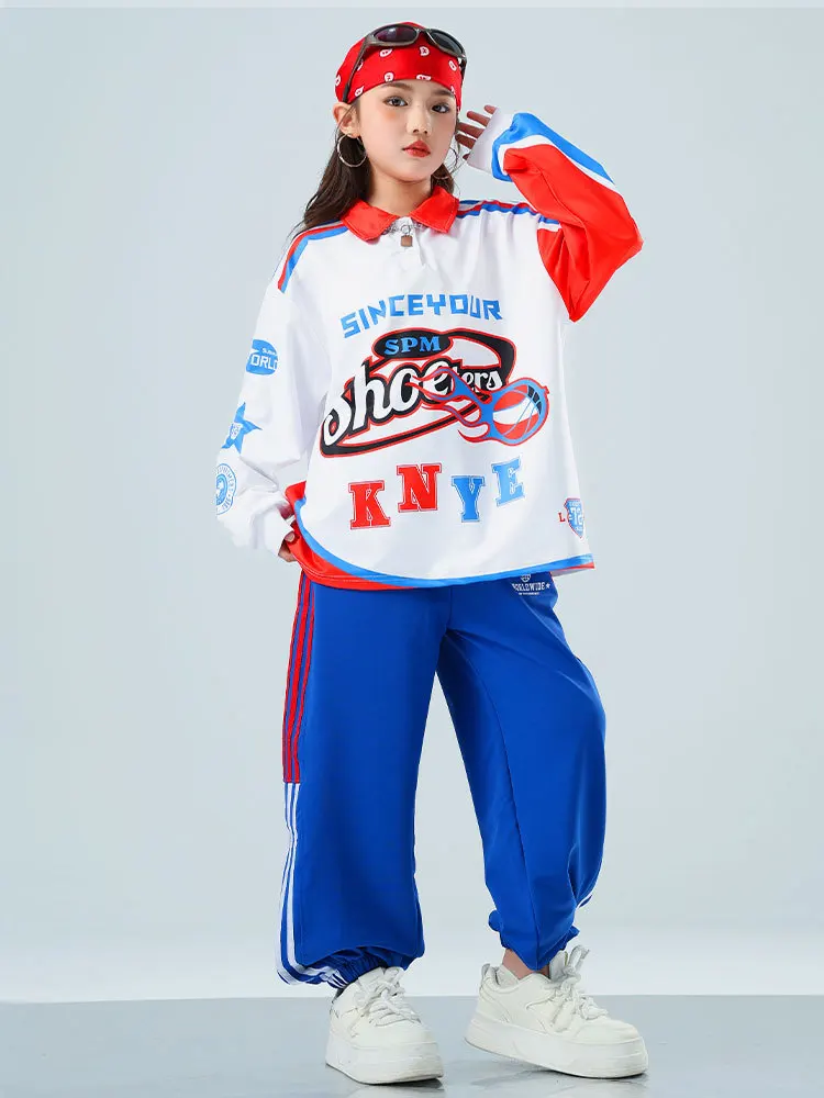 Boys Street Dance Streetwear White Sweatshirt Girls Hip Hop Clothes Sets Kids Jazz Blue Pants Outfits Costume