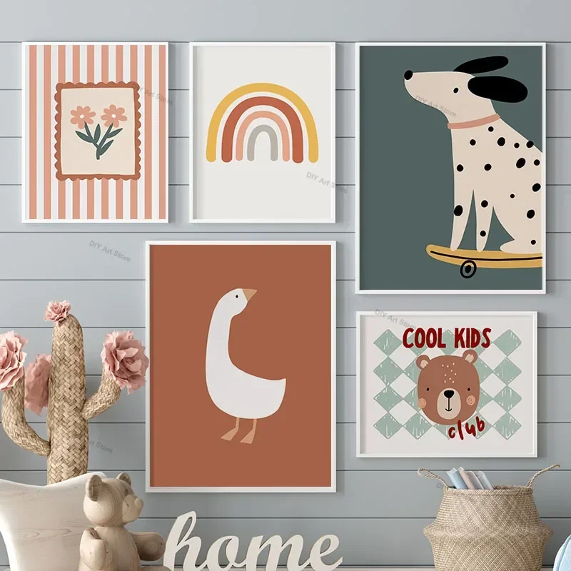 Cute Bear Dog Goose Flower Rainbow Nursery Poster Cartoon Wall Art Canvas Painting Animal Prints Baby Kids Room Home Decorati