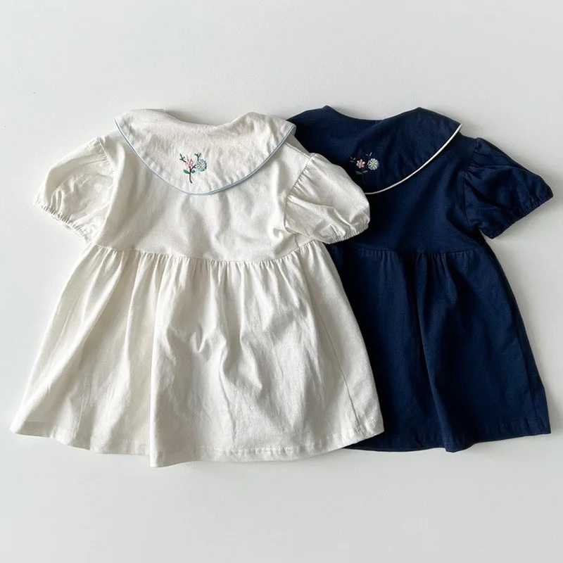 

2026 Summer New Children Short Sleeve Dress Cotton Girls Flower Embroidery Lapel Dress Baby Girl Princess Dress Kids Clothes