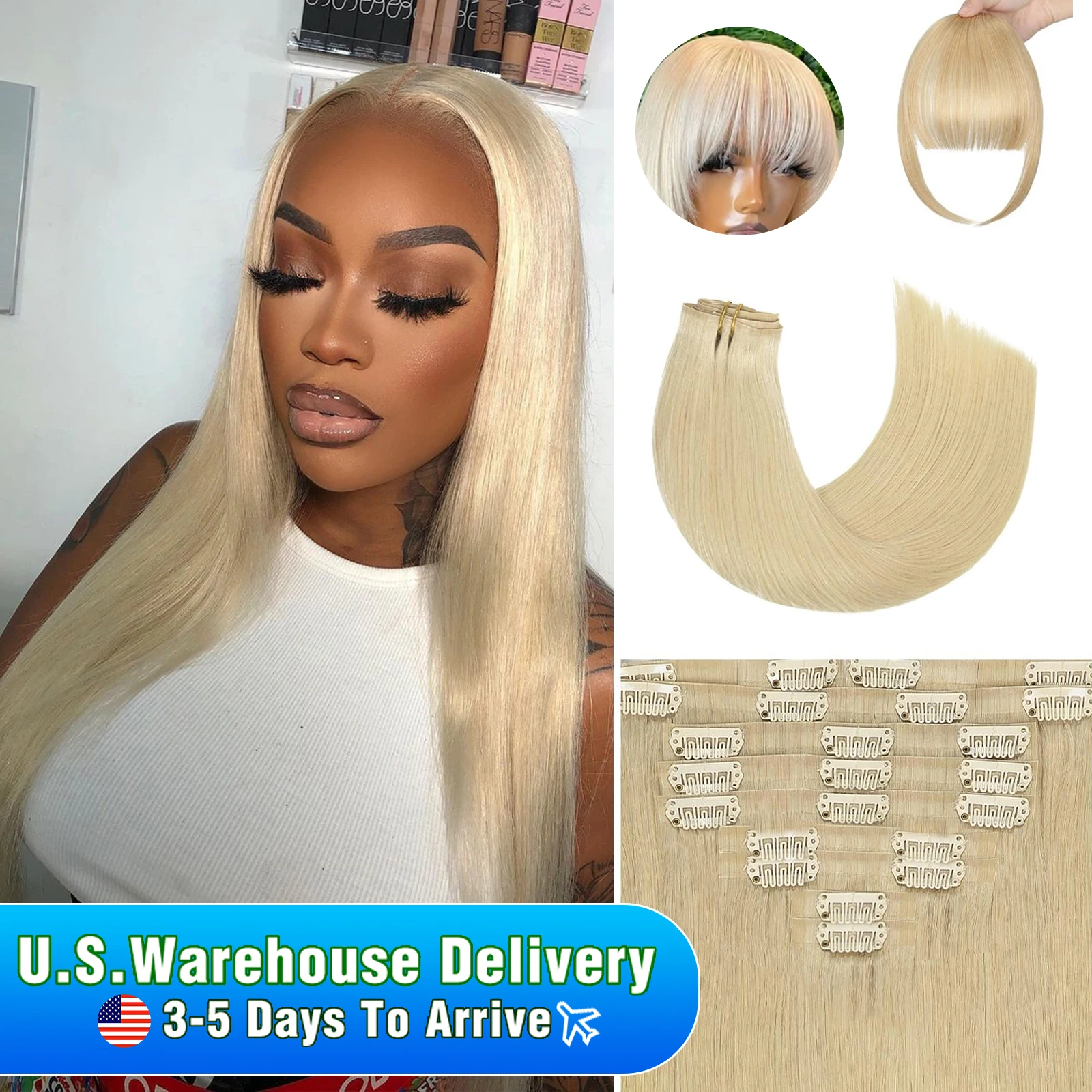 Extensiones de cabello con clip Cabello humano # 613 Bleach Blonde Straight 70-140Gram Clip de cabello humano brasileño en extensiones de cabello para mujeres