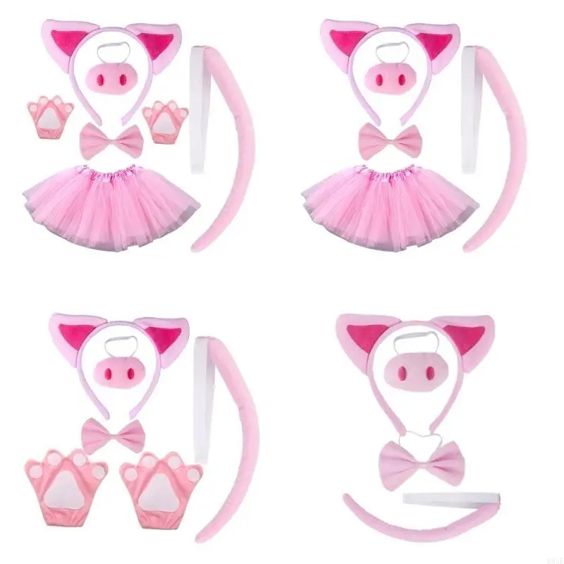 

B95F Kids Pink Pig Ears Headband Bowtie Nose Tutus Tail Halloween Cosplay Accessories
