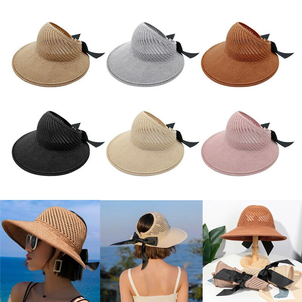 Women Summer Wide Brim Foldable Sun Hat Outdoor Anti-UV Beach Visor Caps Empty Top Straw Hat Fashion Bow-knot Breathable Sun Cap