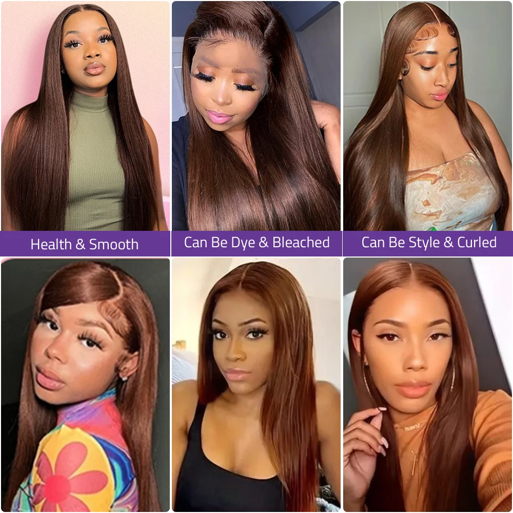 30 36 Inches Chocolate Brown Colored Straight Frontal 13x4 13x6 HD Transparent Lace Front Human Hair Wigs For Women 200% Desnity