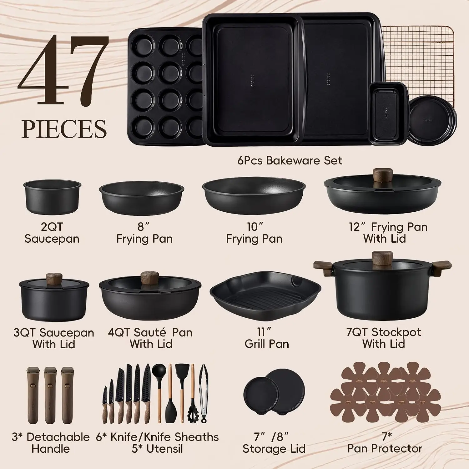 Detachable Handle Non Stick Pots Pans 47Pcs Cookware Set