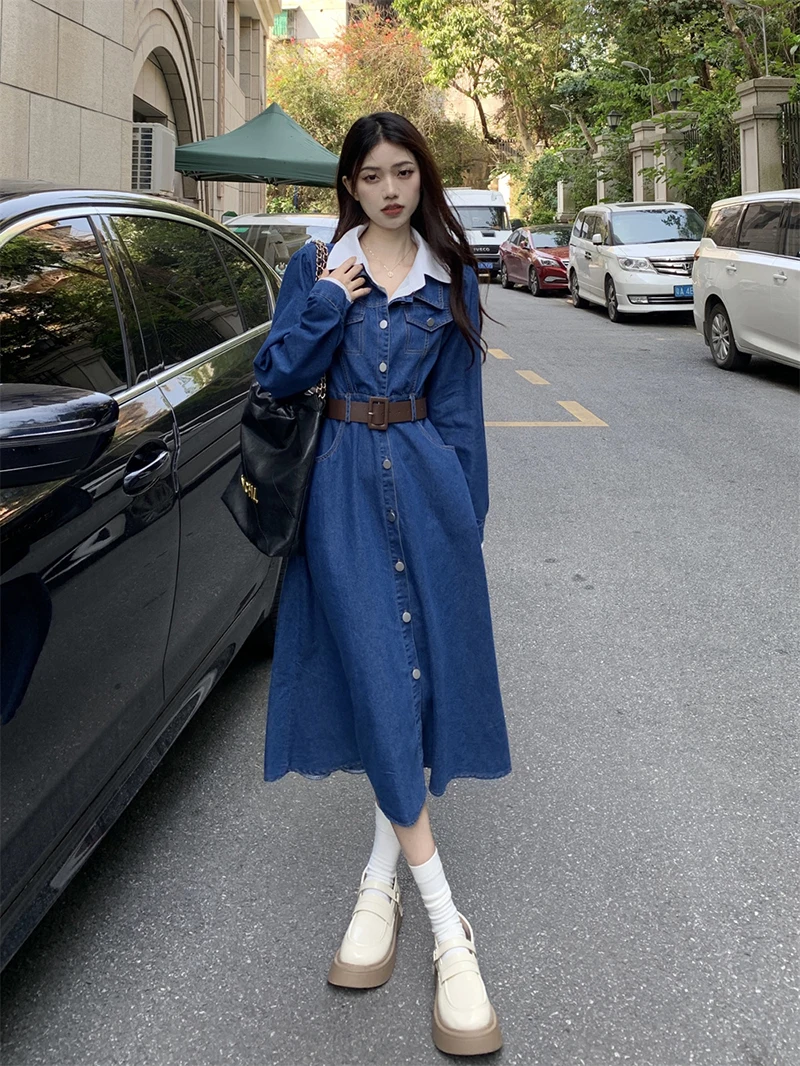 Lapel Fake Two-Piece Denim Dress Elegant Long Sleeve Single Breasted Women A-Line Maxi Dress Spring Fashion Office Lady Vestido