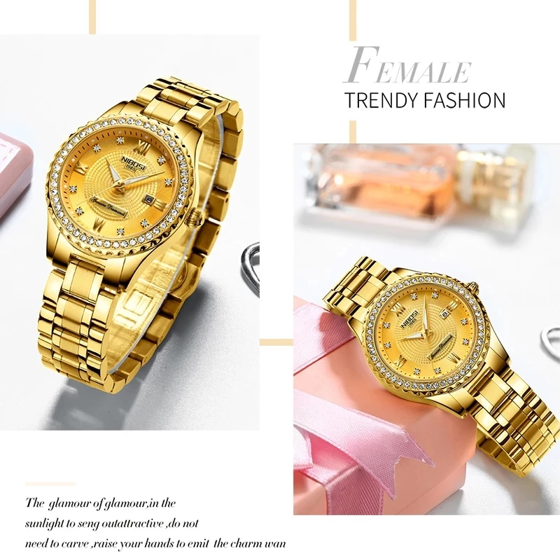 Nibosi Marke Luxus Gold Quarzuhr für Frauen Edelstahl wasserdicht Datum Mode Diamant Damen uhren Relogio Feminino