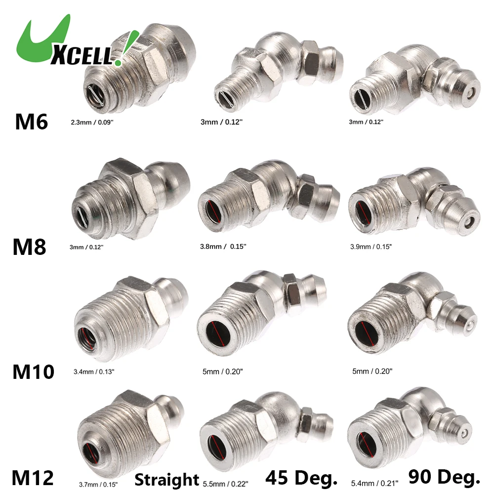 Uxcell 오토바이 트럭 자동차 교체 그리스 니플 피팅 세트, M6, M8, M12 스트레이트, 45 도, 90 도 니켈 도금, 45 개