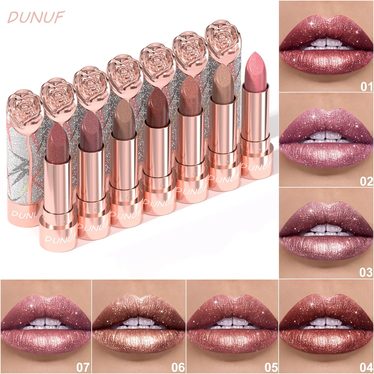 7 Colors Gold Sparkle Metallic Lipstick, Pearl Shimmer Glitter Lip Makeup, High Pigment Velvet Matte Long Lasting Lipstick