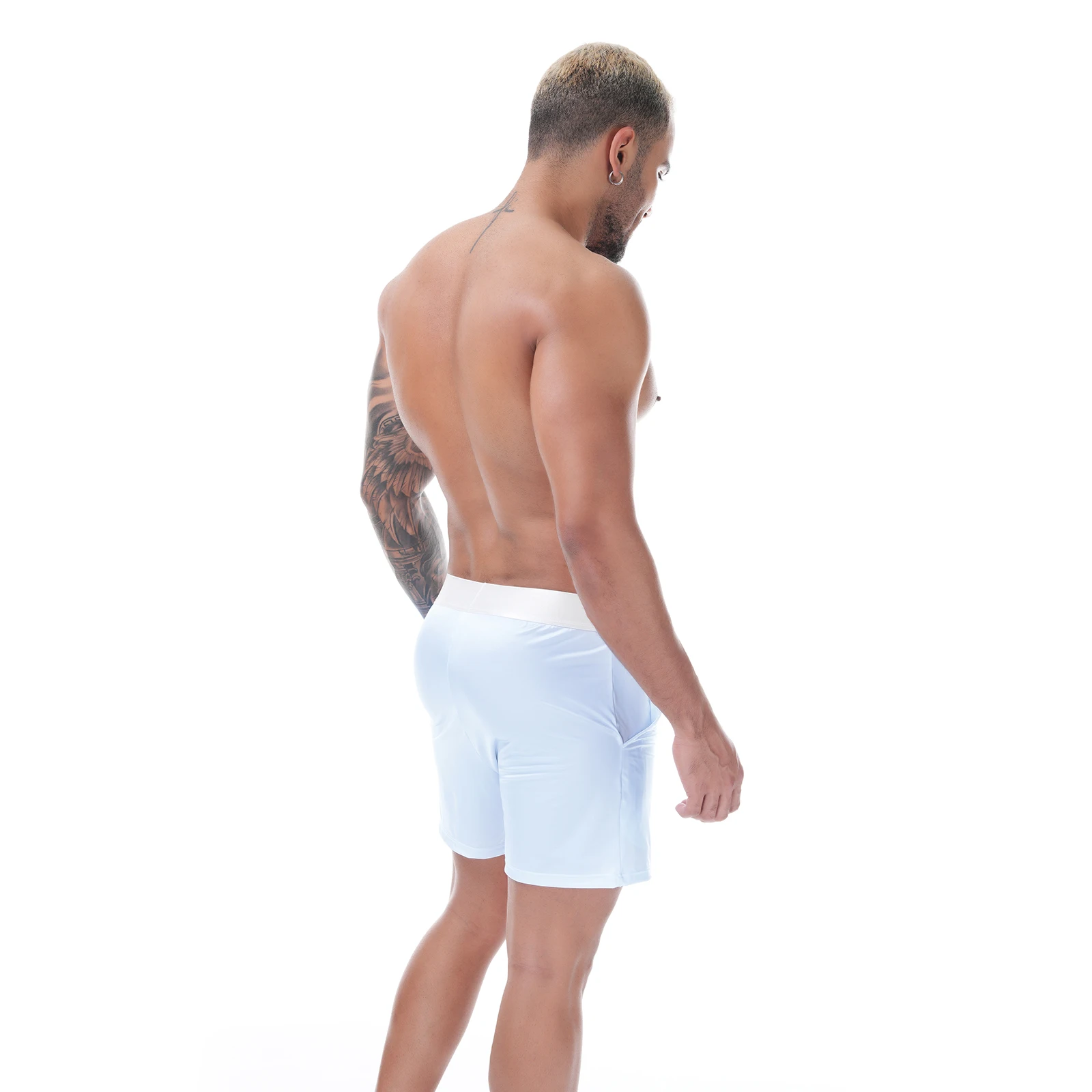 Glänzende Herren-Satin-Boxershorts mit breitem Bund, locker sitzende Boxershorts, glatte, dehnbare Lounge- und Schlafunterwäsche, Homewear-Unterhosen – Detail 16