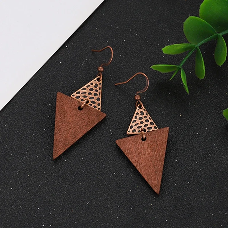 Ethnic Women's Natural Wooden Drop Earrings Vintage Geometric Round Triangle Wood Dangle Earrings Jewelry for Female Gift view 5
