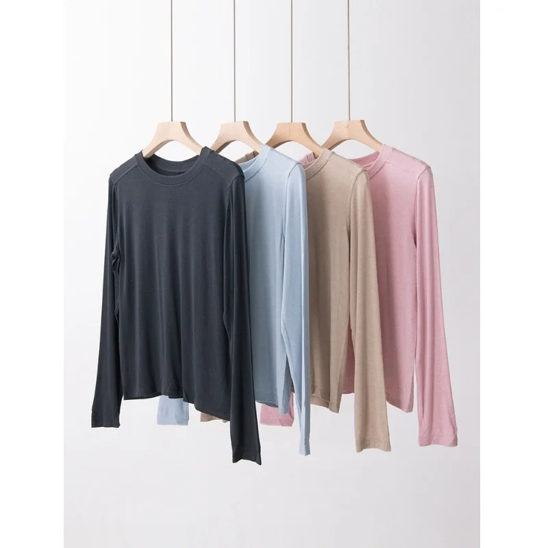 

Women Lyocell Wool Soft T-shirt Spring Autumn Round Neck Long Sleeve Basic Bottoming Tee Tops