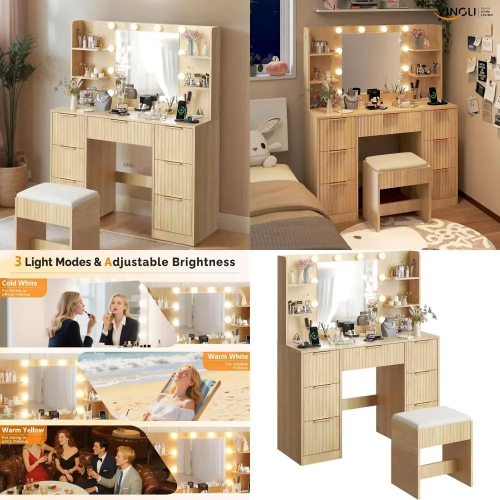 

Compact Makeup Vanity Desk with Mirror, Lights, and Power Outlet, 7 Drawers, 4 Shelves, Oak Finish, Ideal for Bedroom Charging S