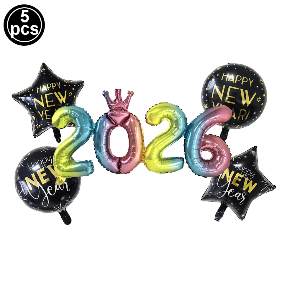 2026 مجموعة بالونات سنة جديدة سعيدة زينة بالون نجمة خماسية 2026 مجموعة بالونات أرقام لمستلزمات حفلات السنة الجديدة لعام 2026