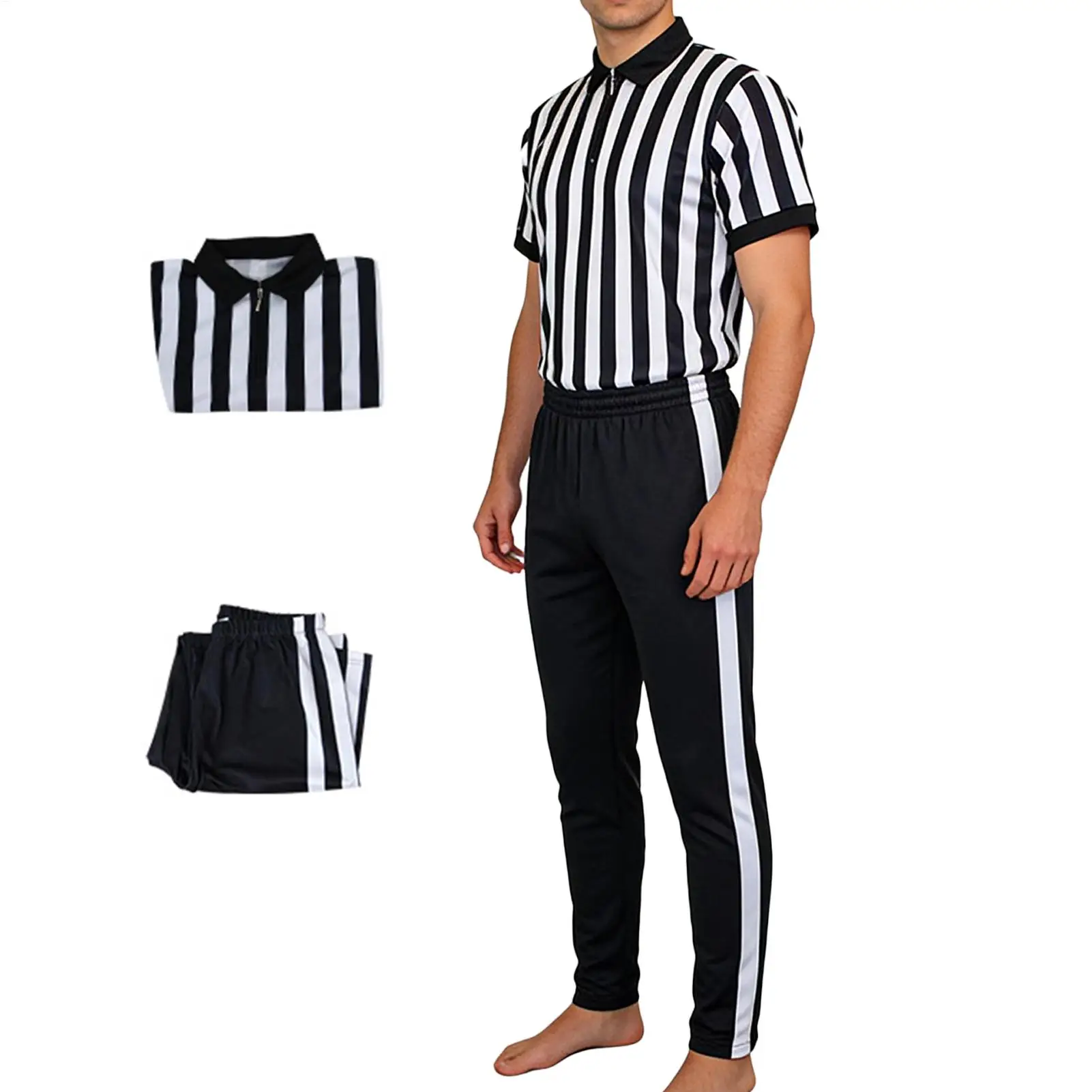 Black & White Striped Referee Shirt Short Sleeve V-Neck Uniform with Pants, Multi-Sport Official Costume for Soccer Basketball view 3