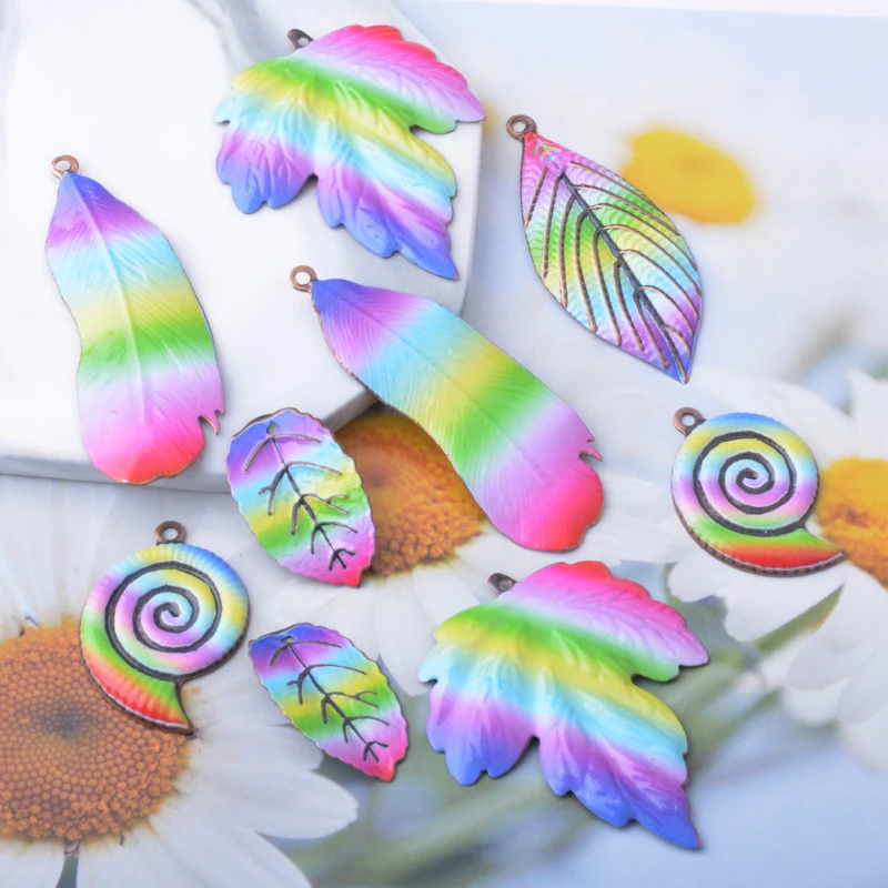 10 Stück/Set Ethnische Eisen-Feder-Blatt-Muschel-Anhänger für Schmuckherstellung Boho Großer Anhänger DIY Damen-Ohrringe – Detail 3