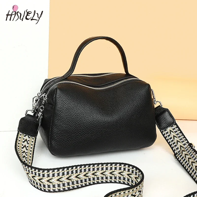 Genuine Leather Crossbody Bags for Women Trendy Small Zipper Camera Bag Crossbody Purse Shoulder Handbags with Wide Guitar Strap