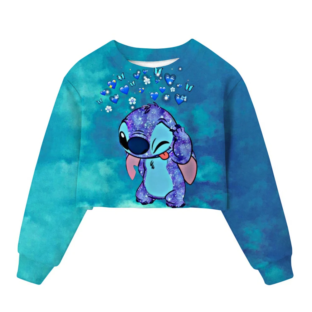 Lilo Stitch-Sudadera teñida con lazo para niña, jersey corto con cuello redondo, ropa deportiva para niño, ropa de otoño de manga larga con bonitos dibujos animados para niño