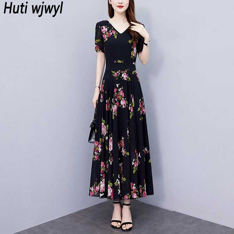 2025 Vintageสีดําพิมพ์VคอNight MidiชุดBodycon PartyหรูหราพรหมชุดยาวElegantผู้หญิงสบายๆชุดชีฟองดอกไม้