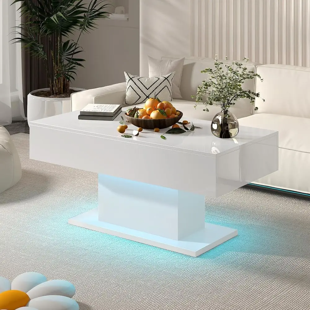 Modern Rectangular LED Coffee Table with 2 Drawers for Living & Dining Rooms