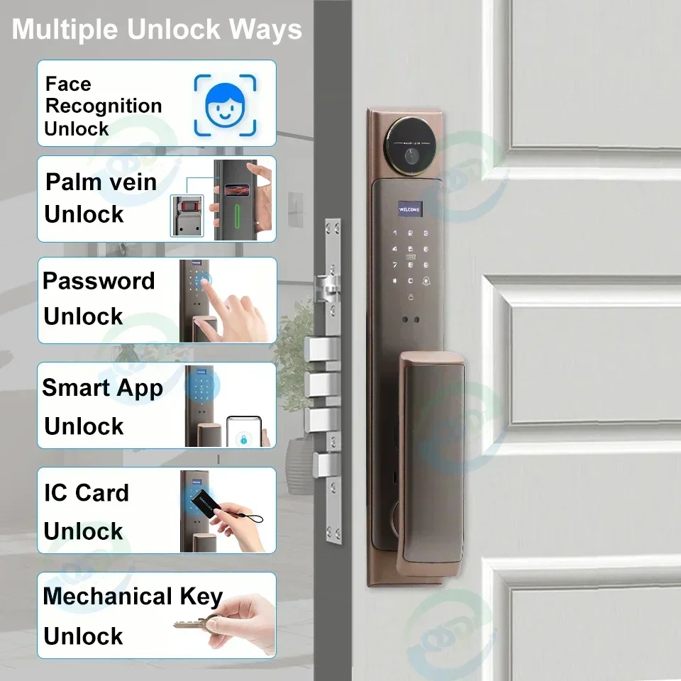 คุณสมบัติใหม่ปาล์มหลอดเลือดดําปลดล็อค WiFi Video Call 3D Face Recognition Smart Lock ภายนอกประตูหลักสมาร์ทล็อคกล้องอัตโนมัติ