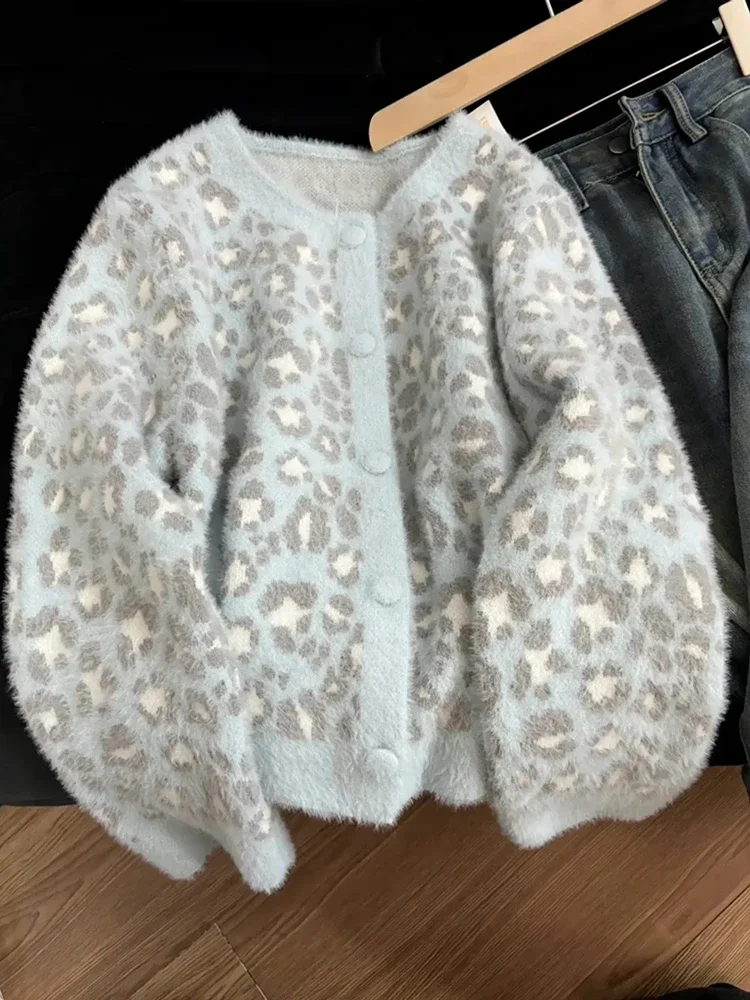 

Y2K винтажный леопардовый кардиган, свитер, женский свободный вязаный пальто из искусственного норки и кашемира, уличная одежда с круглым вырезом, осенне-зимние топы с длинными рукавами