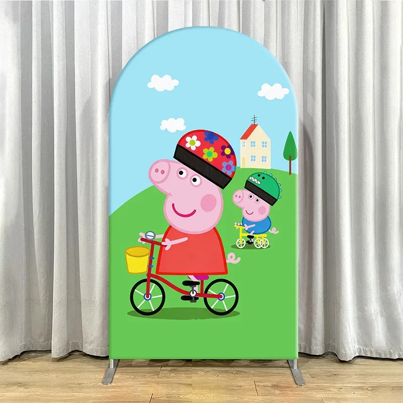 2D Flat Arch Backdrop Cover Single Layer Non-Stretch Fabric Peppa Pig Family Theme Party Set with Design and Colorful Characters 5