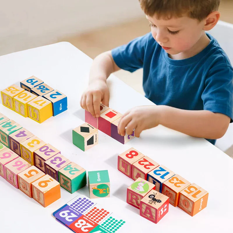 كتل أرقام خشبية من مونتيسوري - ألعاب تعليمية لمرحلة ما قبل المدرسة للأطفال على شكل حروف ملونة وألغاز التعلم المبكر للإدراك الحيواني